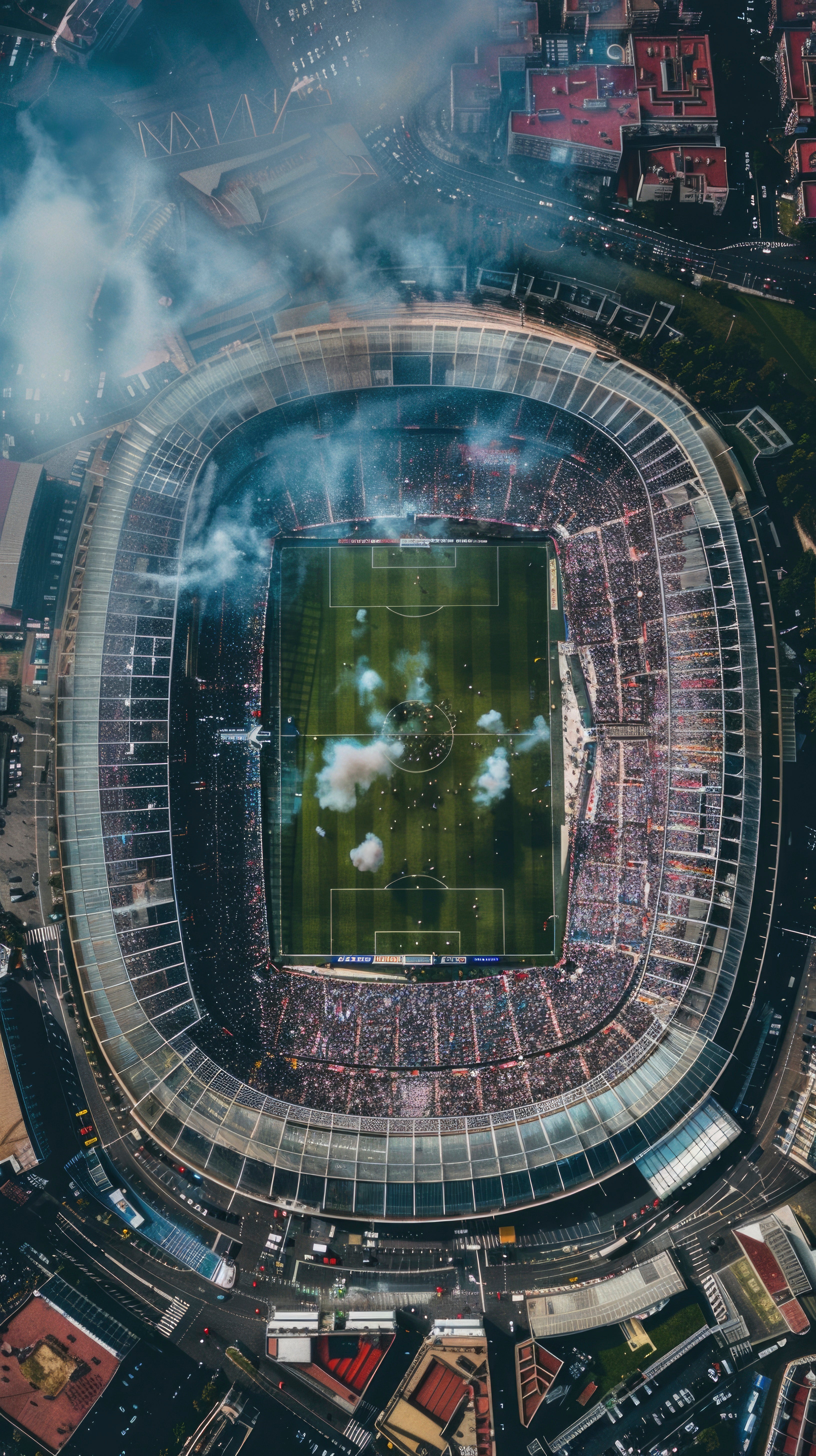 Aerial view of a large stadium with a soccer field, surrounded by urban area.